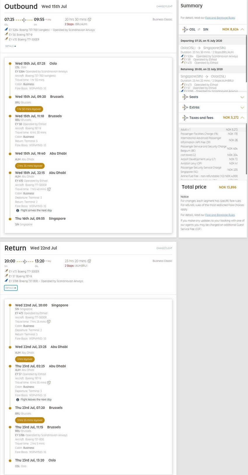 Preisbeispiel von Oslo nach Singapore in der Etihad Airways Business-Class