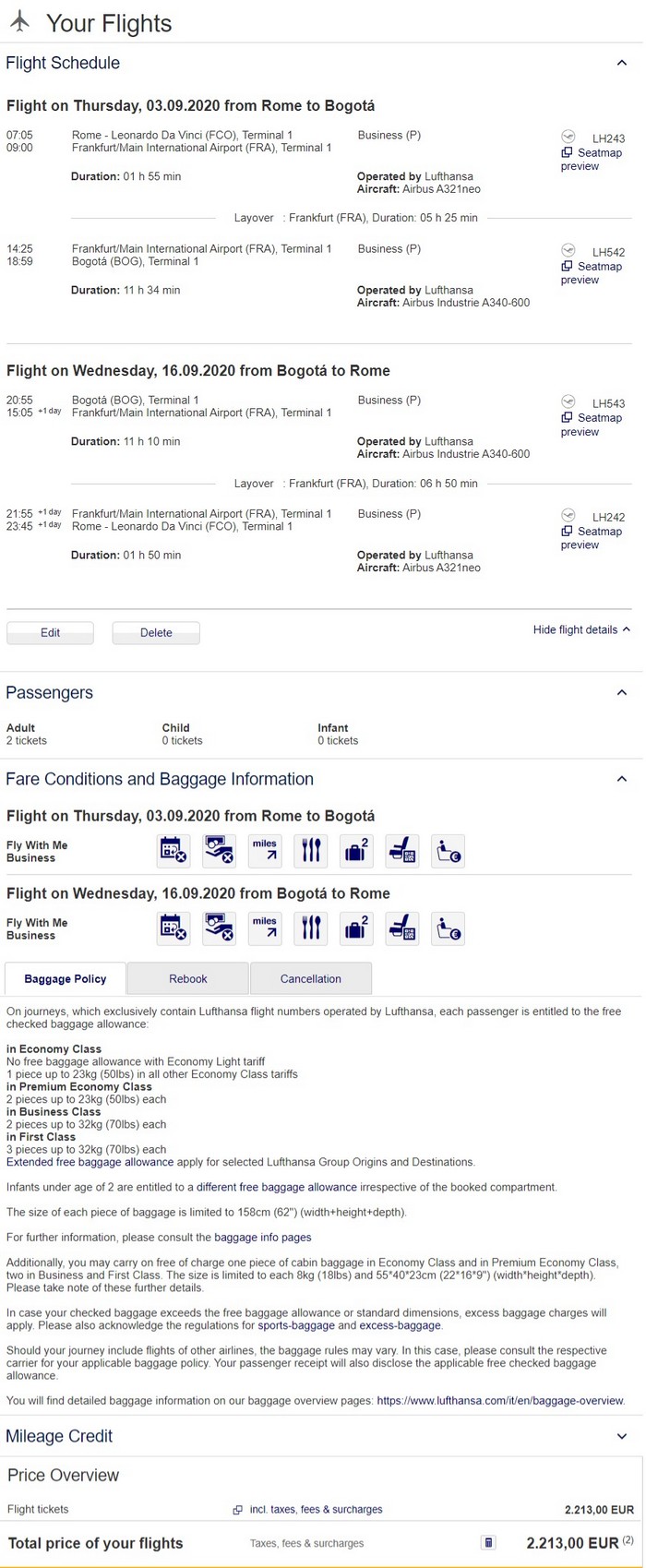 Preisbeispiel für Partnertarif von Rom nach Bogota in der Lufthansa Business-Class