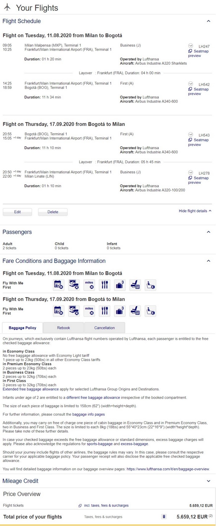 Preisbeispiel für Partnertarif von Mailand-Malpensa nach Bogota in der Lufthansa First-Class