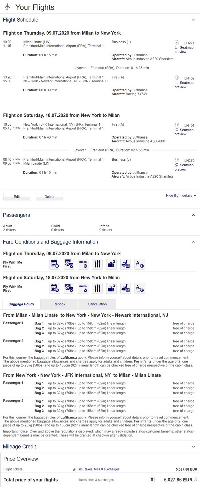 Preisbeispiel für Partnertarif von Mailand-Malpensa nach Boston in der Lufthansa First-Class