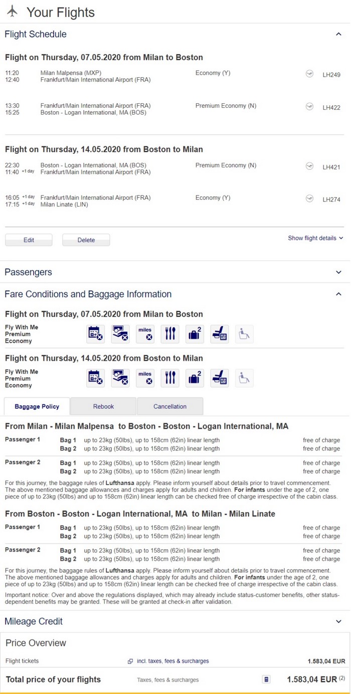 Preisbeispiel für Partnertarif von Mailand-Malpensa nach Boston in der Lufthansa Premium-Economy-Class