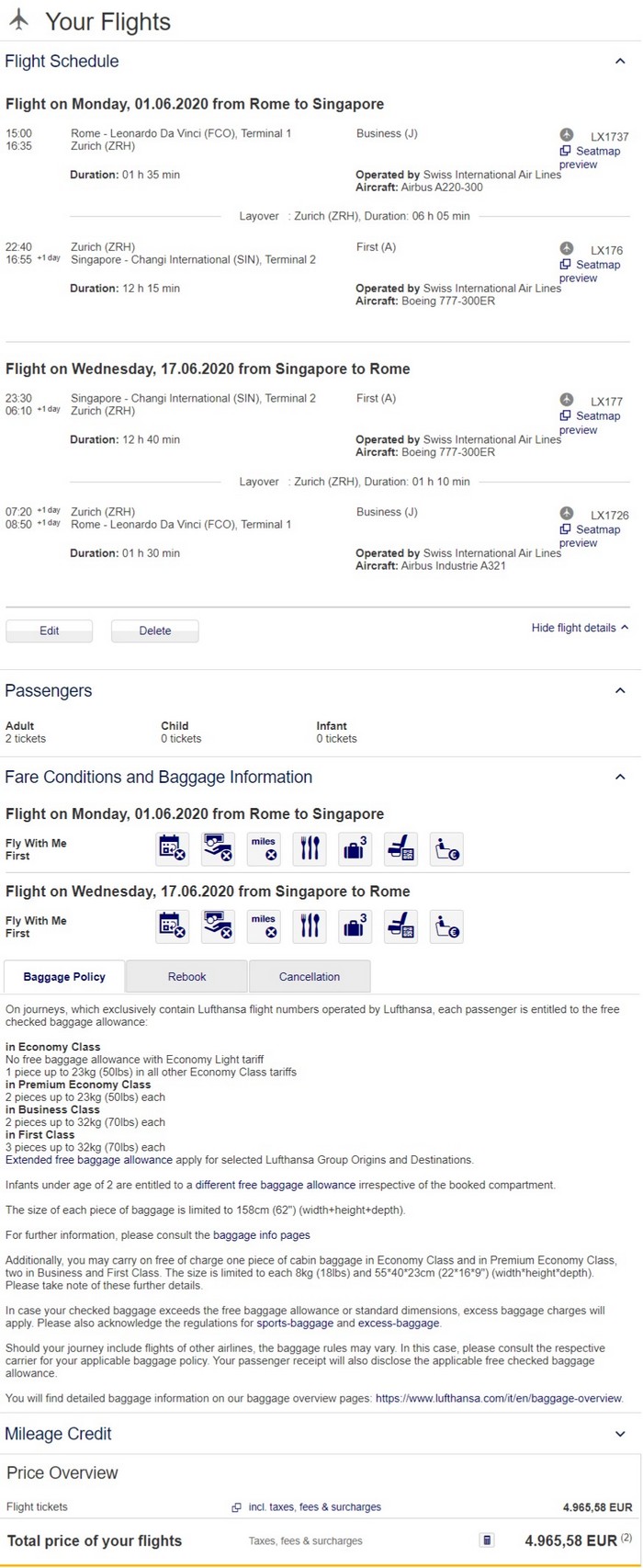 Preisbeispiel für Partnertarif von Rom nach Singapore in der Swiss First-Class