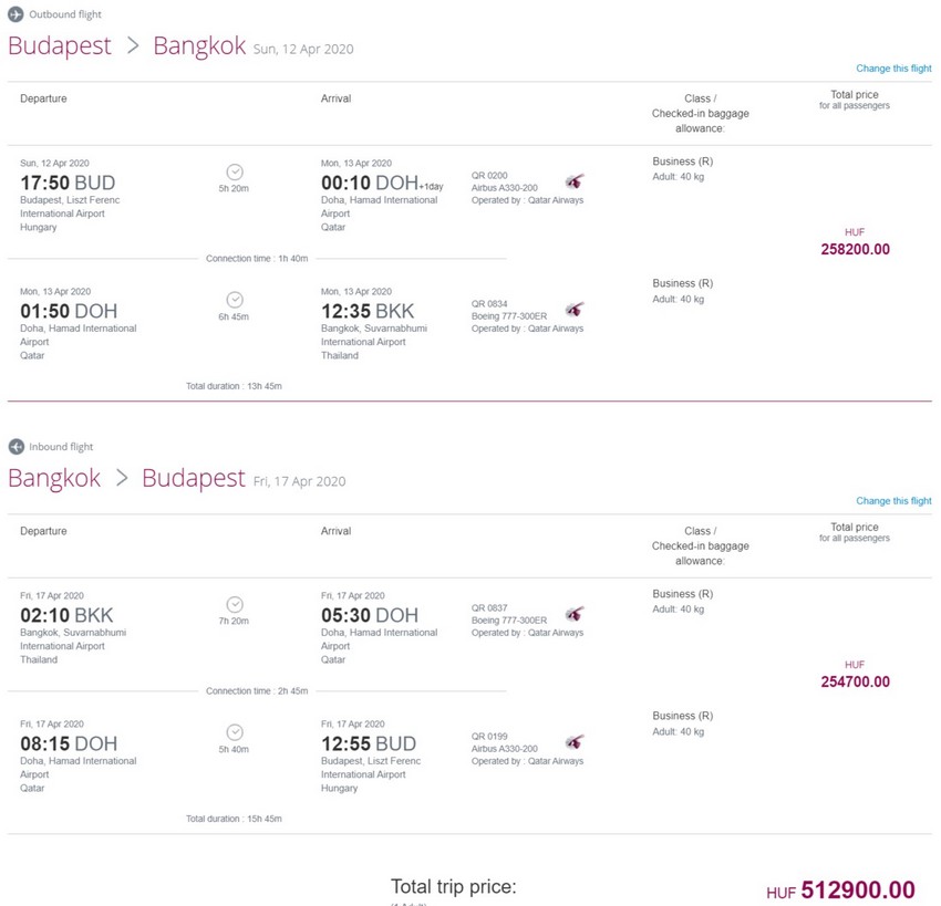 Preisbeispiel von Budapest nach Bangkok in der Qatar Airways Business-Class