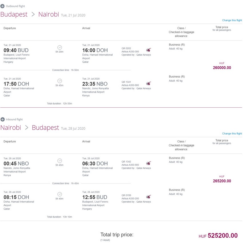 Preisbeispiel von Budapest nach Nairobi in der Qatar Airways Business-Class