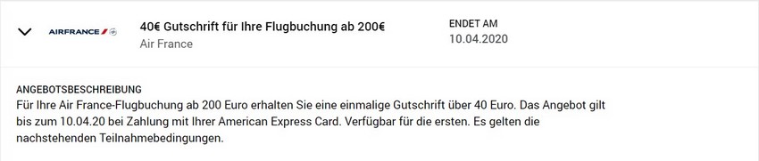 American Express Gutschrift von 40 EUR bei einer Air France Flugbuchung bis 10.04.2020