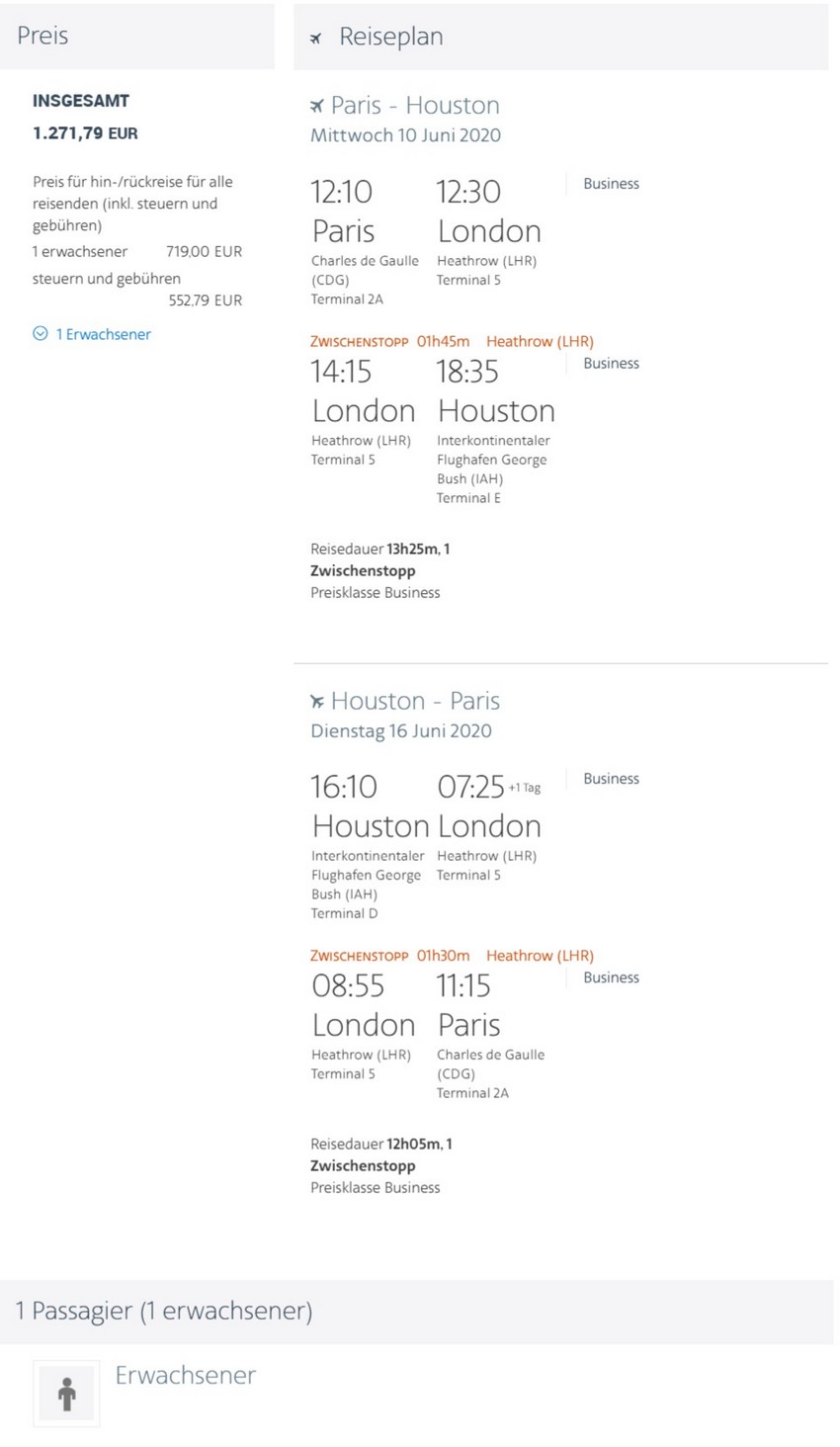 Preisbeispiel von Paris nach Houston in der British Airways Business-Class