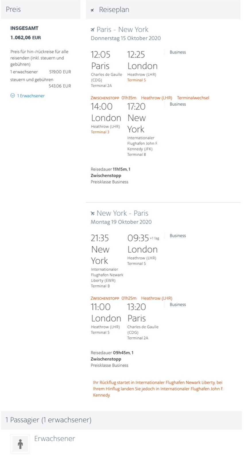 Preisbeispiel von Paris nach New York in der American Airlines und British Airways Business-Class