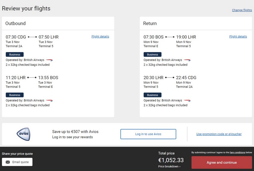 Preisbeispiel von Paris nach Boston in der British Airways Business-Class