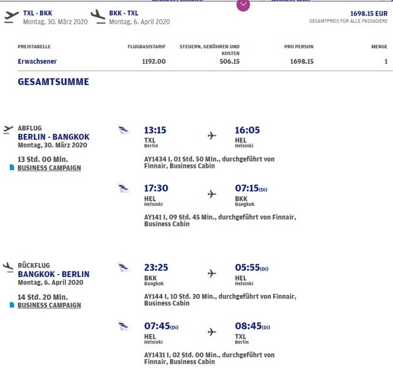 Preisbeispiel von Berlin nach Bangkok in der Finnair Business-Class