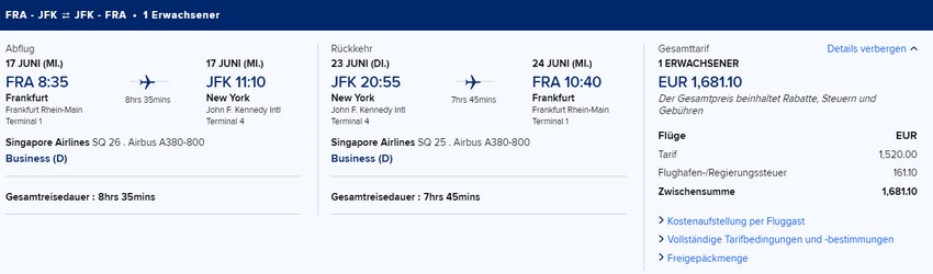 Preisbeispiel von Frankfurt nach New York in der Singapore Airlines Business-Class