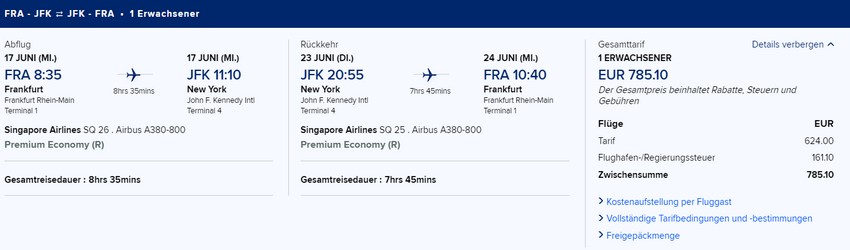 Preisbeispiel von Frankfurt nach New York in der Singapore Airlines Premium-Economy-Class