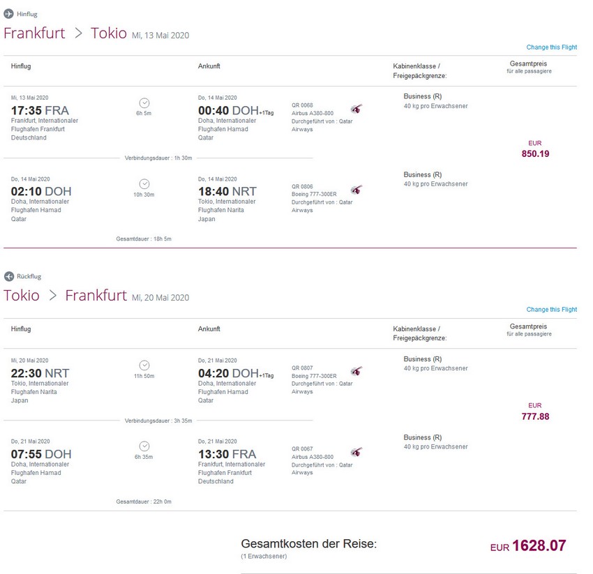Preisbeispiel von Frankfurt nach Tokyo in der Qatar Airways Business-Class