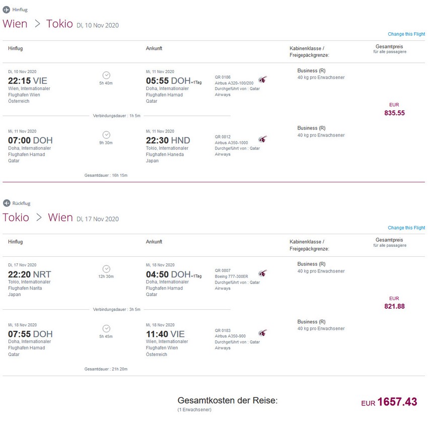 Preisbeispiel von Wien nach Tokyo in der Qatar Airways Business-Class