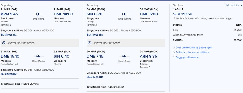 Preisbeispiel von Stockholm nach Singapore in der Singapore Airlines Business-Class