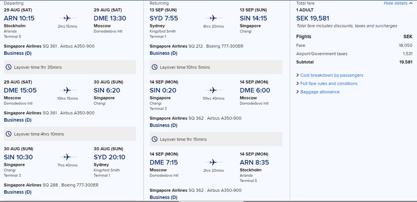 Preisbeispiel von Stockholm nach Sydney in der Singapore Airlines Business-Class