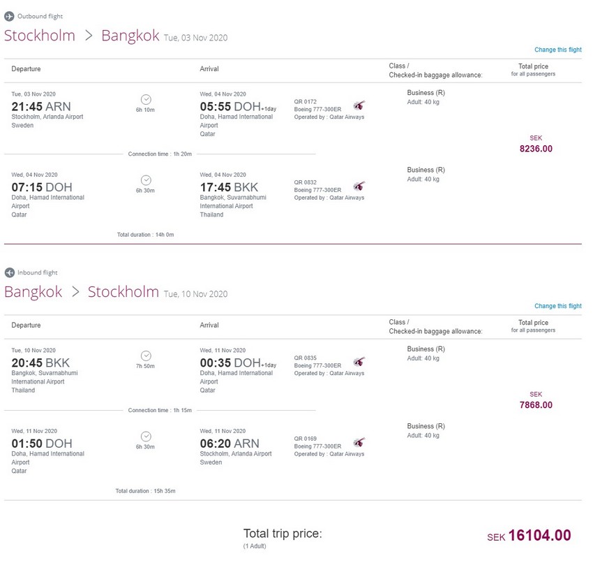 Preisbeispiel von Stockholm nach Bangkok in der Qatar Airways Business-Class