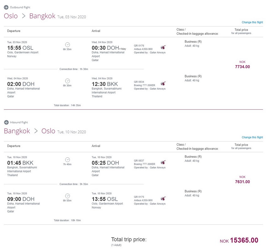 Preisbeispiel von Oslo nach Bangkok in der Qatar Airways Business-Class