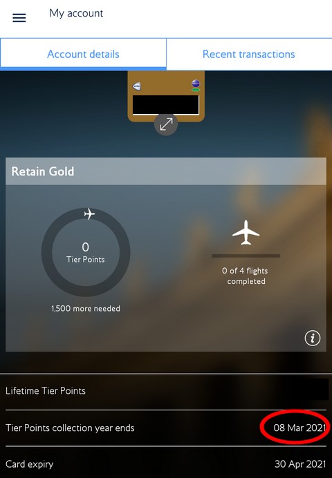 Anzeige Mitgliedsjahr im British Airways Executive Club in der App