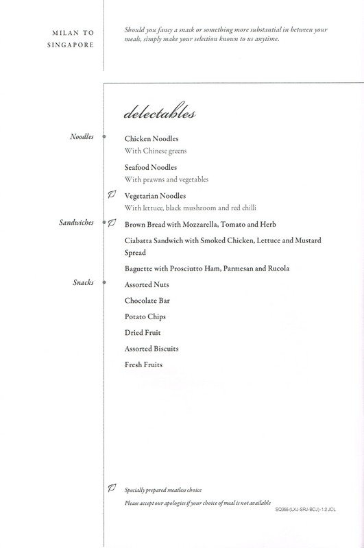 Menu Business-Class an Bord von SQ356 SIN-MXP