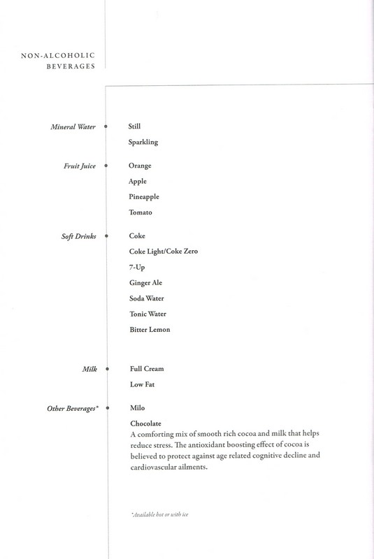 Menu Business-Class an Bord von SQ356 SIN-MXP