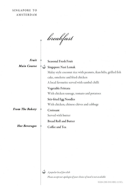 Menu Premium-Economy-Class an Bord von SQ323 AMS-SIN