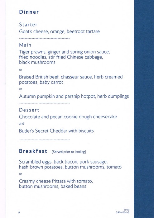 Menu Premium-Economy-Class an Bord von BA9 LHR-BKK