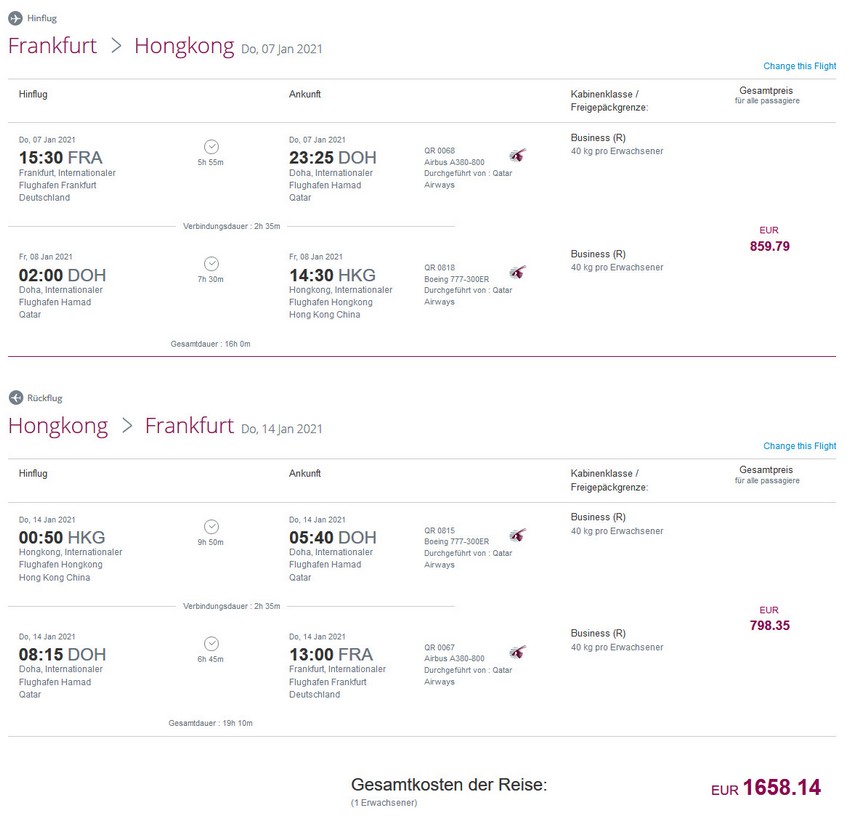 Preisbeispiel von Frankfurt nach Hongkong in der Qatar Airways Business-Class