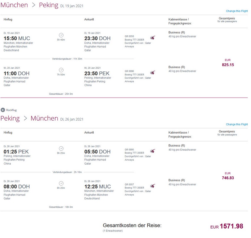 Preisbeispiel von München nach Beijing in der Qatar Airways Business-Class