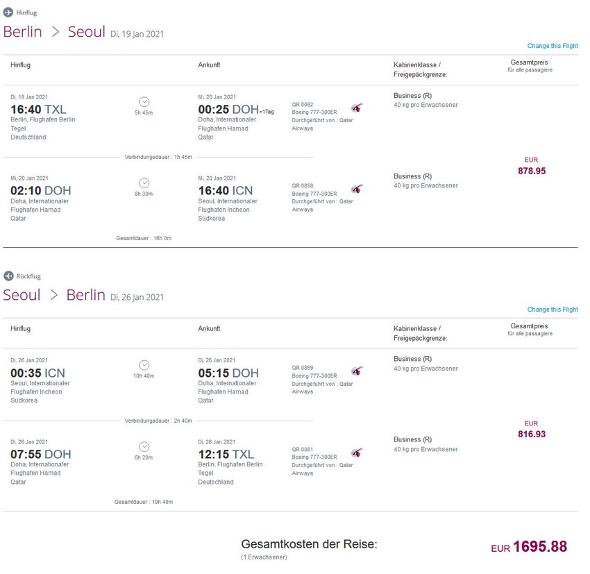 Preisbeispiel von Berlin nach Seoul in der Qatar Airways Business-Class