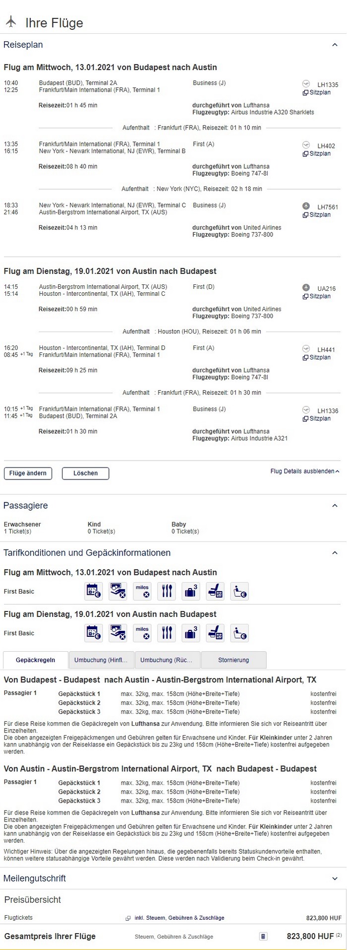 Preisbeispiel von Budapest nach Austin in der Lufthansa First-Class