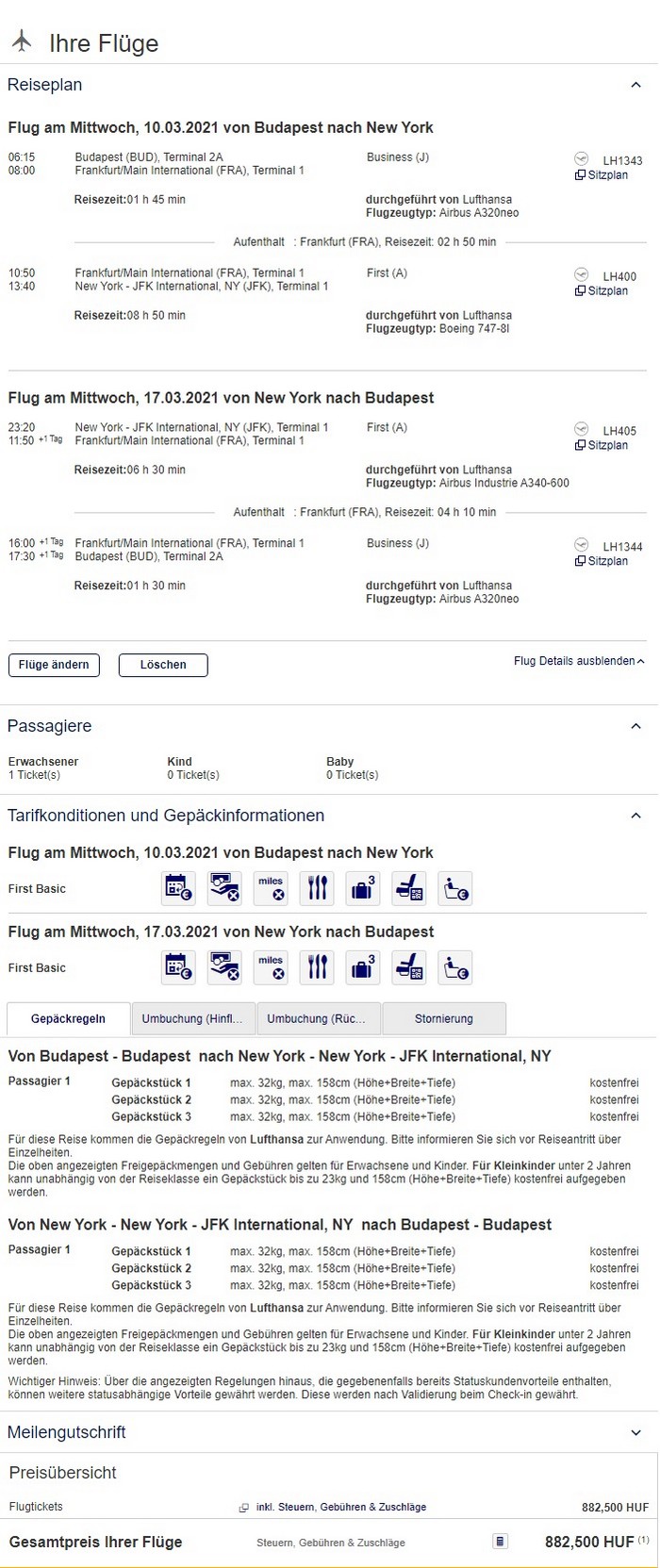 Preisbeispiel von Budapest nach New York in der Lufthansa First-Class