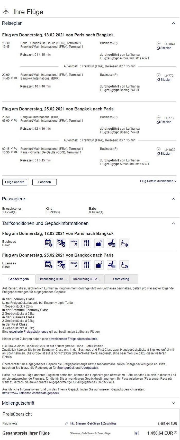 Preisbeispiel von Paris nach Bangkok in der Lufthansa Business-Class