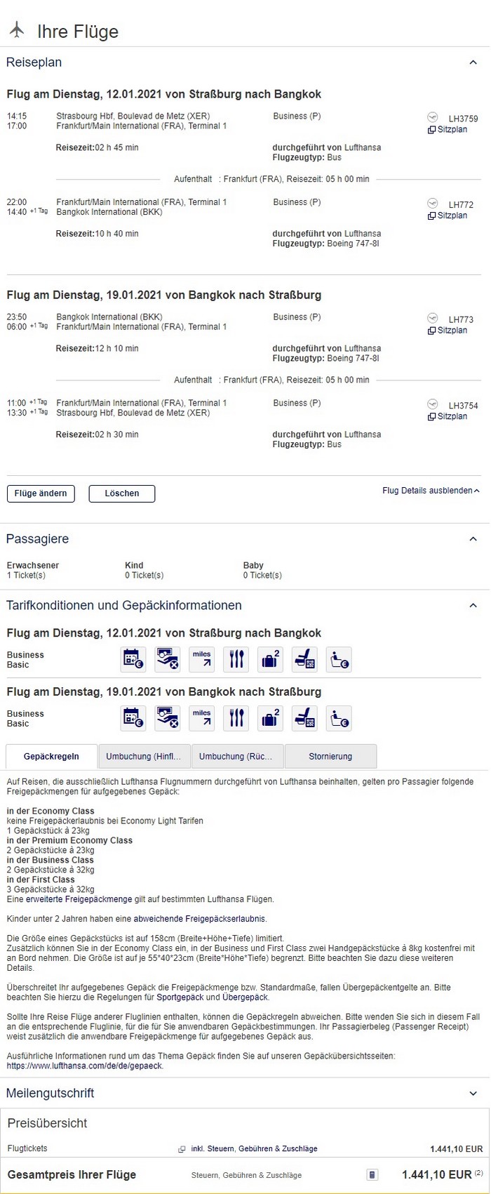 Preisbeispiel von Strasbourg nach Bangkok in der Lufthansa Business-Class