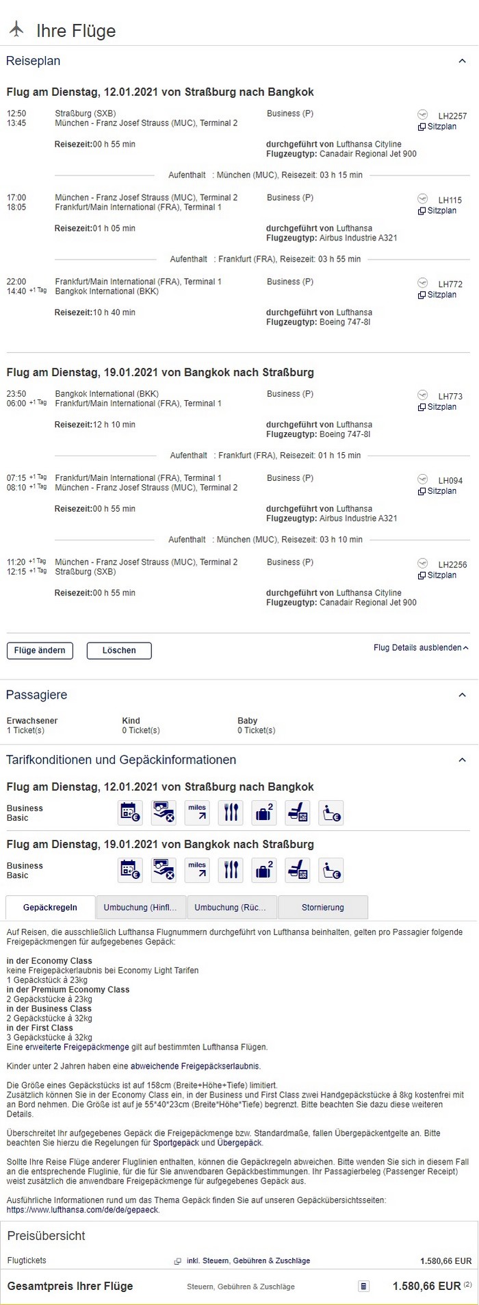 Preisbeispiel von Strasbourg nach Bangkok in der Lufthansa Business-Class