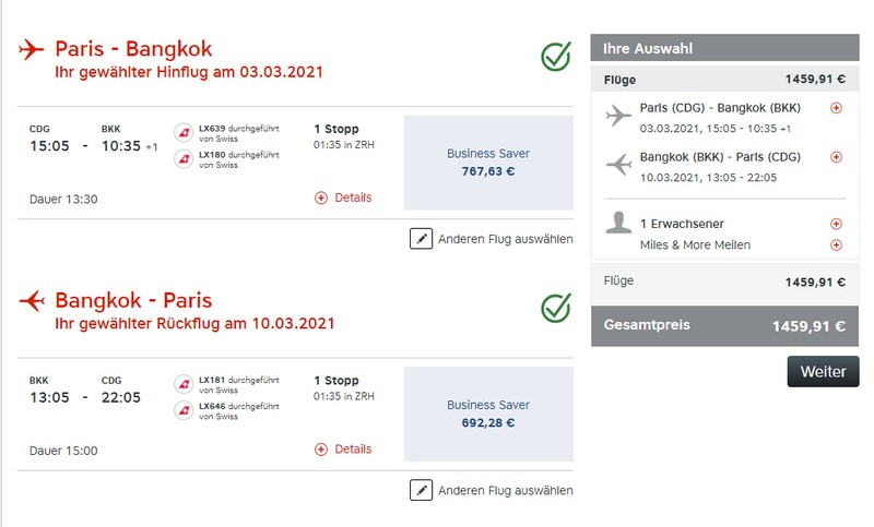 Preisbeispiel von Paris nach Bangkok in der Swiss Business-Class