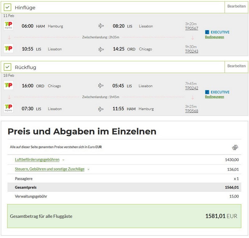 Preisbeispiel von Hamburg nach Chicago in der TAP Air Portugal Business-Class