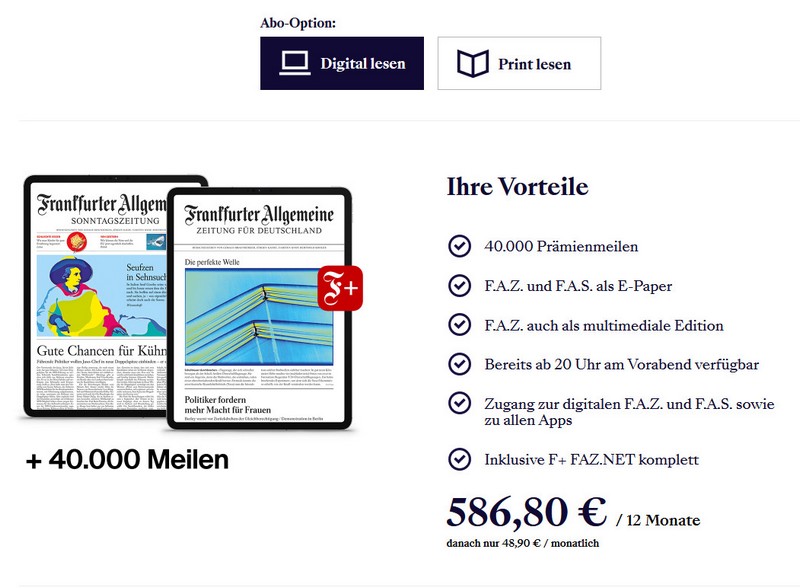 40.000 Miles and More Meilen für 586,80 EUR mit der Frankfurter Allgemeinen Zeitung