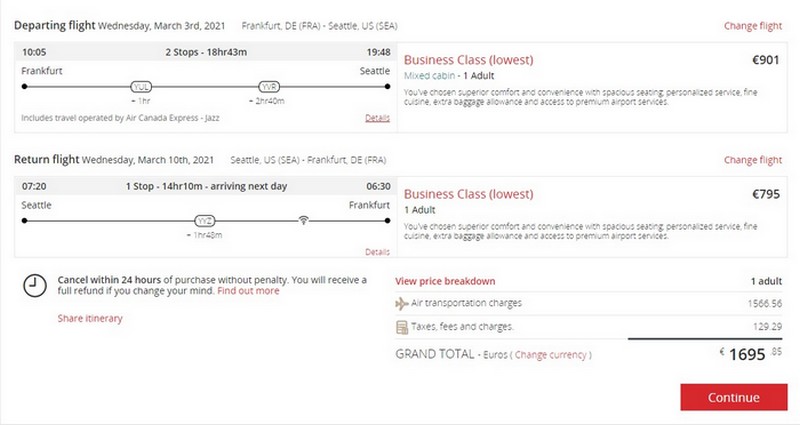 Preisbeispiel von Frankfurt nach Seattle in der Air Canada Business-Class