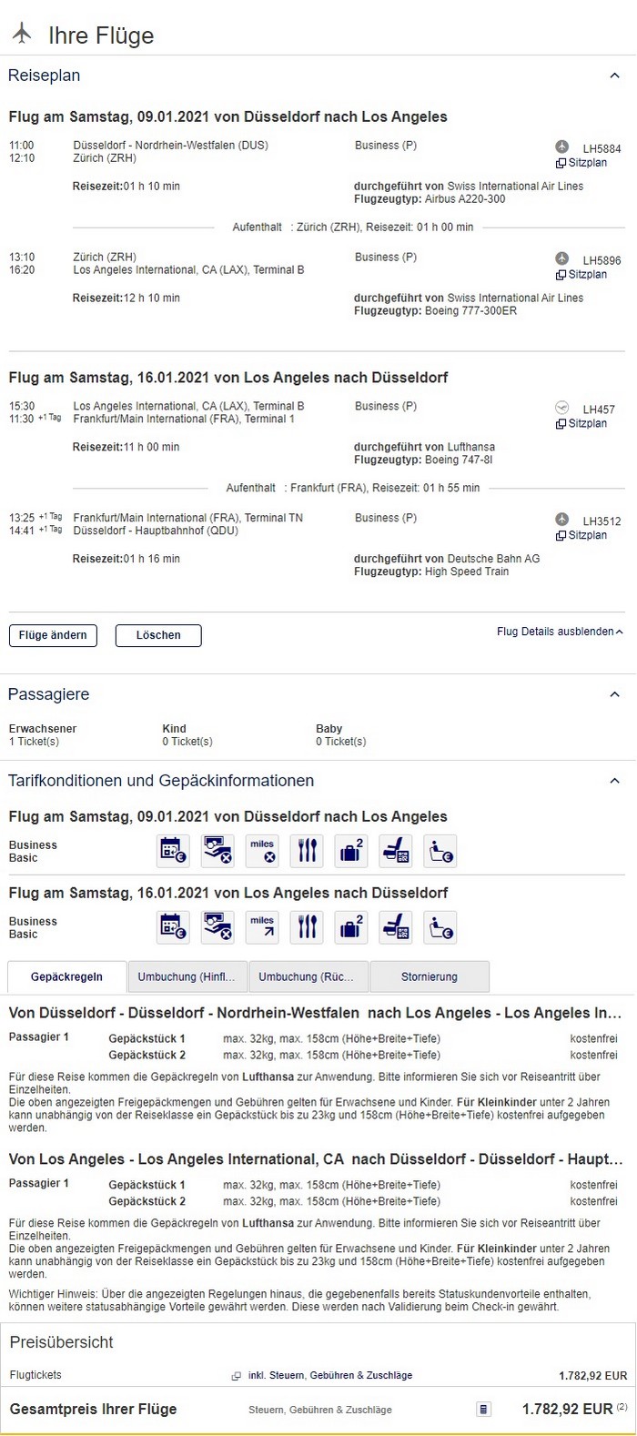 Preisbeispiel von Düsseldorf nach Los Angeles in der Lufthansa Business-Class