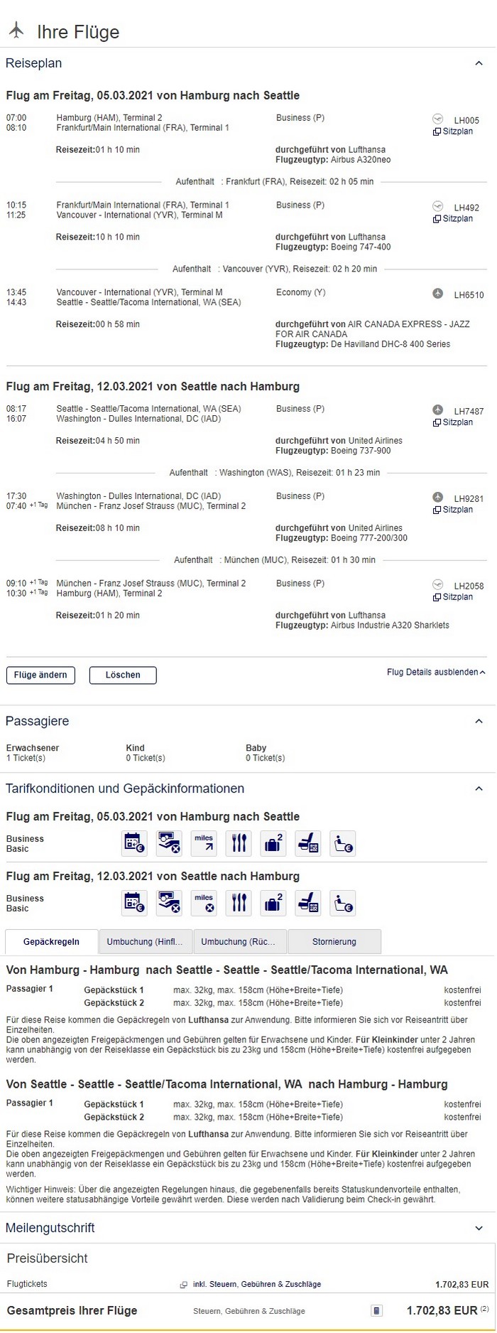 Preisbeispiel von Hamburg nach Seattle in der Lufthansa Business-Class