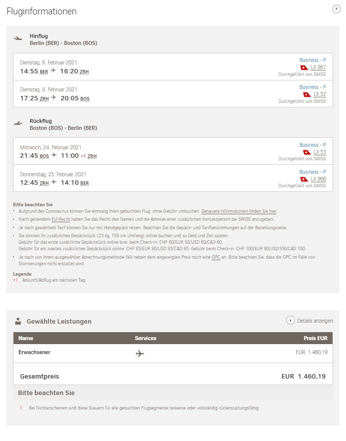 Preisbeispiel von Berlin nach Boston in der Swiss Business-Class