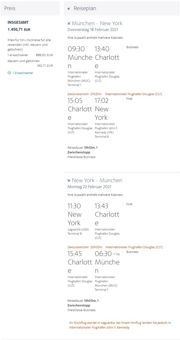 Preisbeispiel von München nach New York in der American Airlines Business-Class