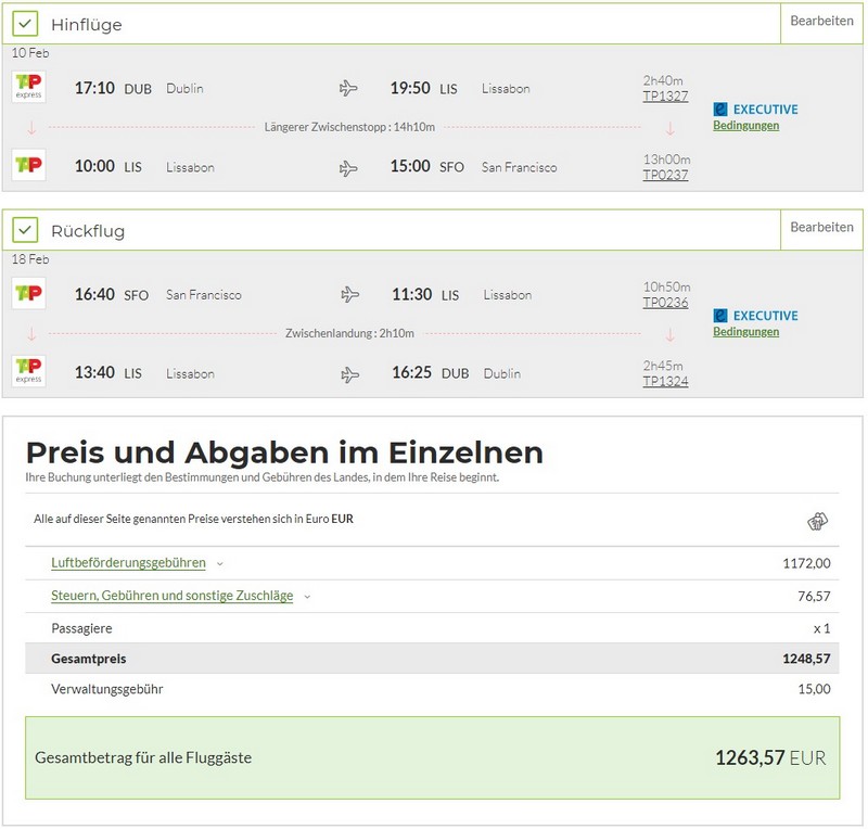 Preisbeispiel von Dublin nach San Francisco in der TAP Air Portugal Business-Class