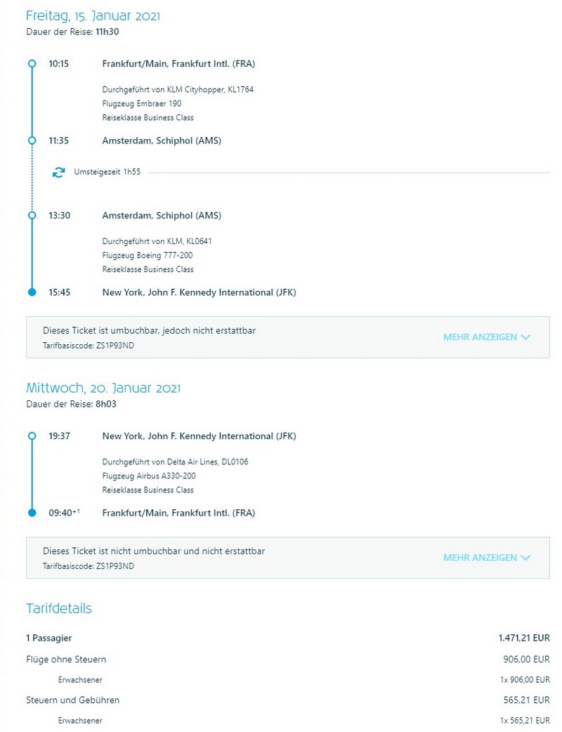 Preisbeispiel von Frankfurt nach New York in der Delta / KLM Business-Class