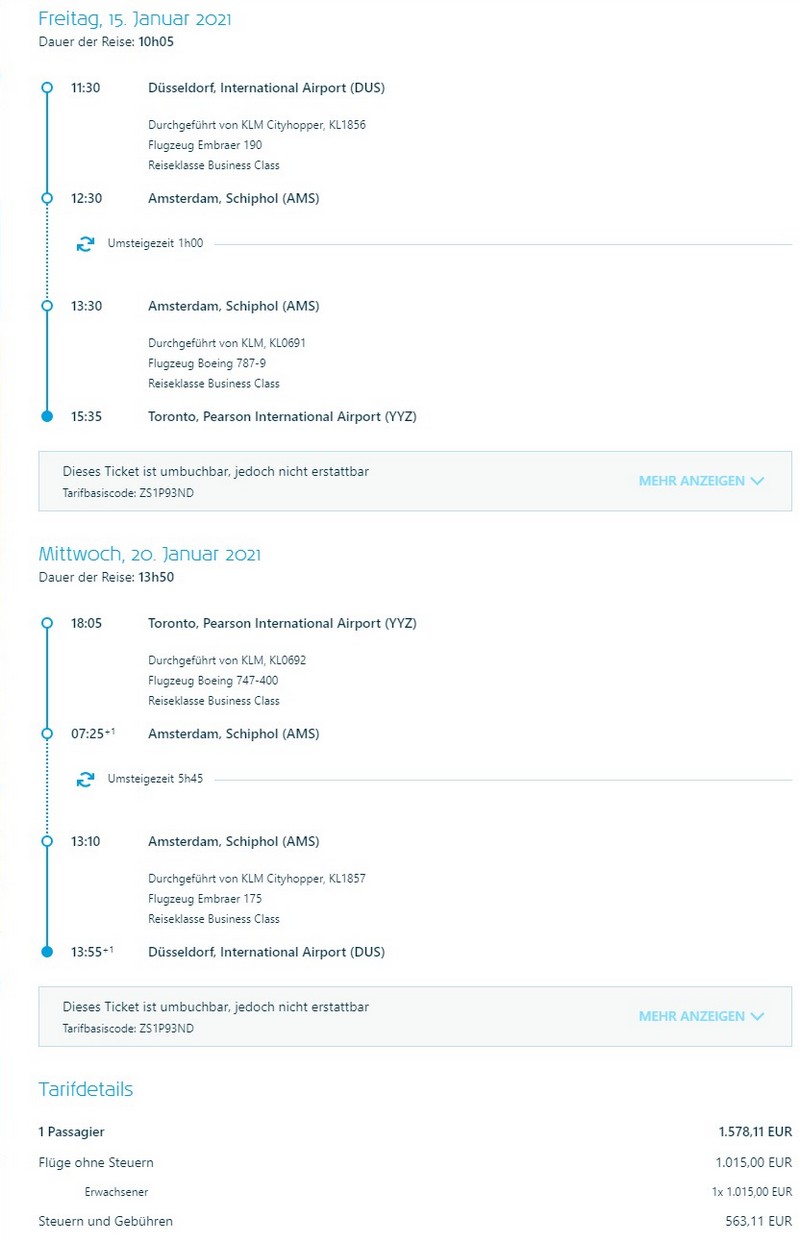 Preisbeispiel von Düsseldorf nach Toronto in der KLM Business-Class