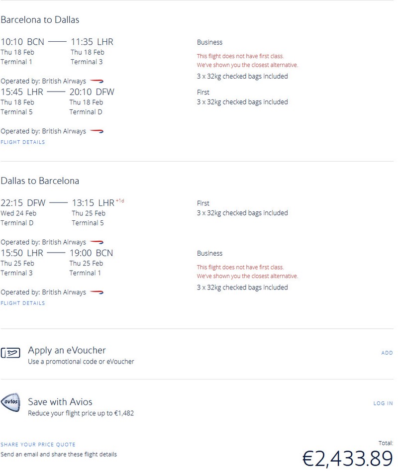 Preisbeispiel von Barcelona nach Dallas in der British Airways First-Class