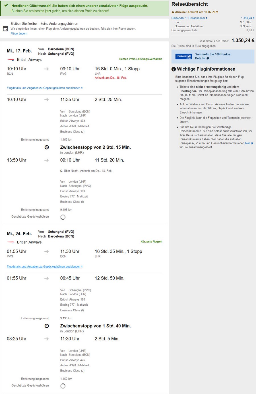 Preisbeispiel von Barcelona nach Shanghia in der British Airways Business-Class auf Expedia