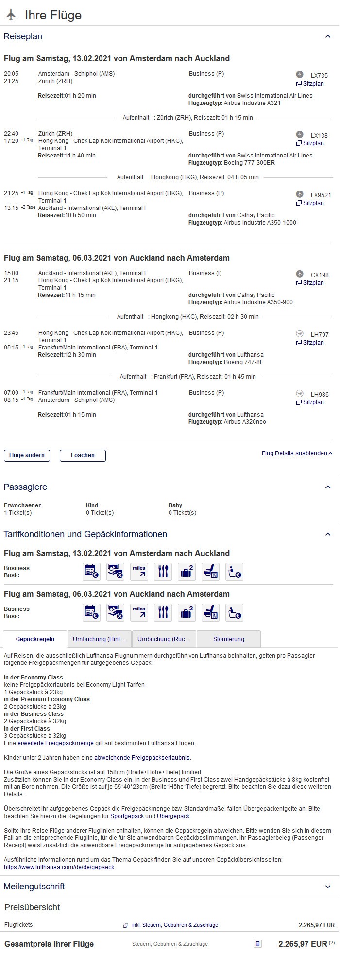 Preisbeispiel von Amsterdam nach Auckland in der Swiss und Cathay Pacific Business-Class