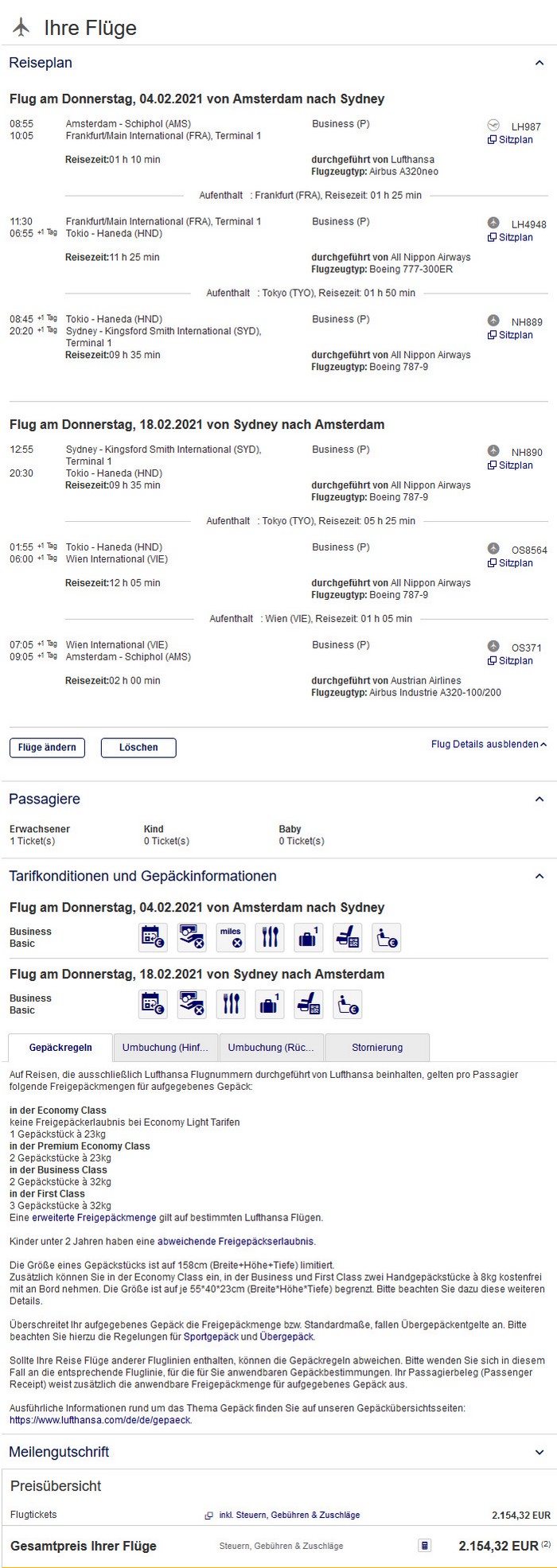 Preisbeispiel von Amsterdam nach Syndey in der All Nippon Airways Business-Class