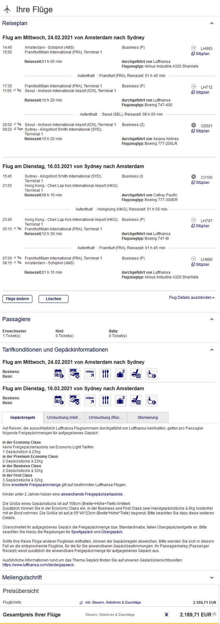 Preisbeispiel von Amsterdam nach Sydney in der Lufthansa. Asiana und Cathay Pacific Business-Class